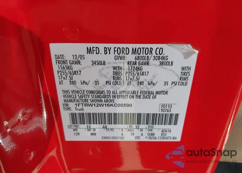 2006 Ford F-150 Xlt z USA, uszkodzony, nr VIN 1FTRW12W16KC00590